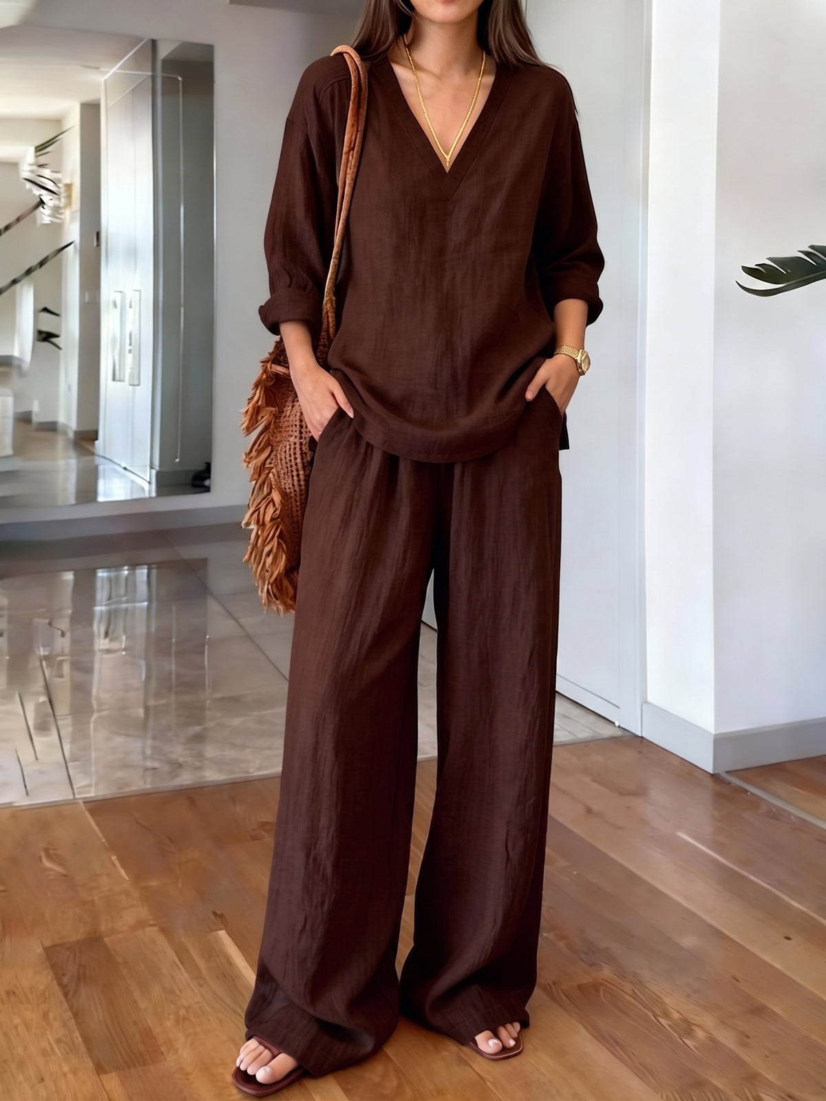 Women's Casual Long-sleeve V-neck Pullover & Pants Set – Washed Cotton (available In Multiple Colors)