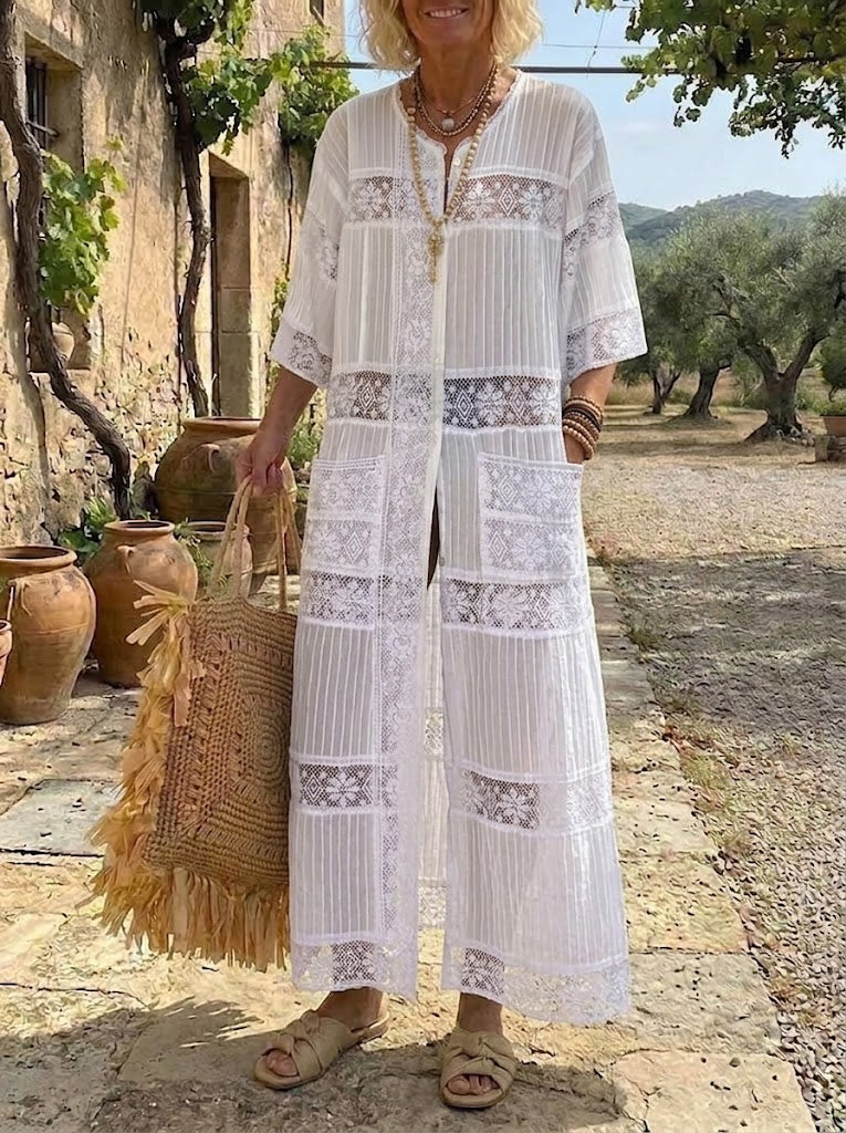Women's Sheer Lace Button-Front Maxi Duster