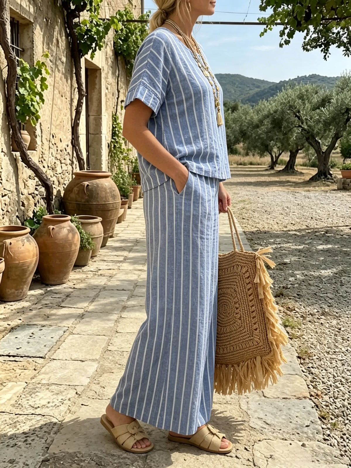 Women's Blue Striped Linen-Blend Set