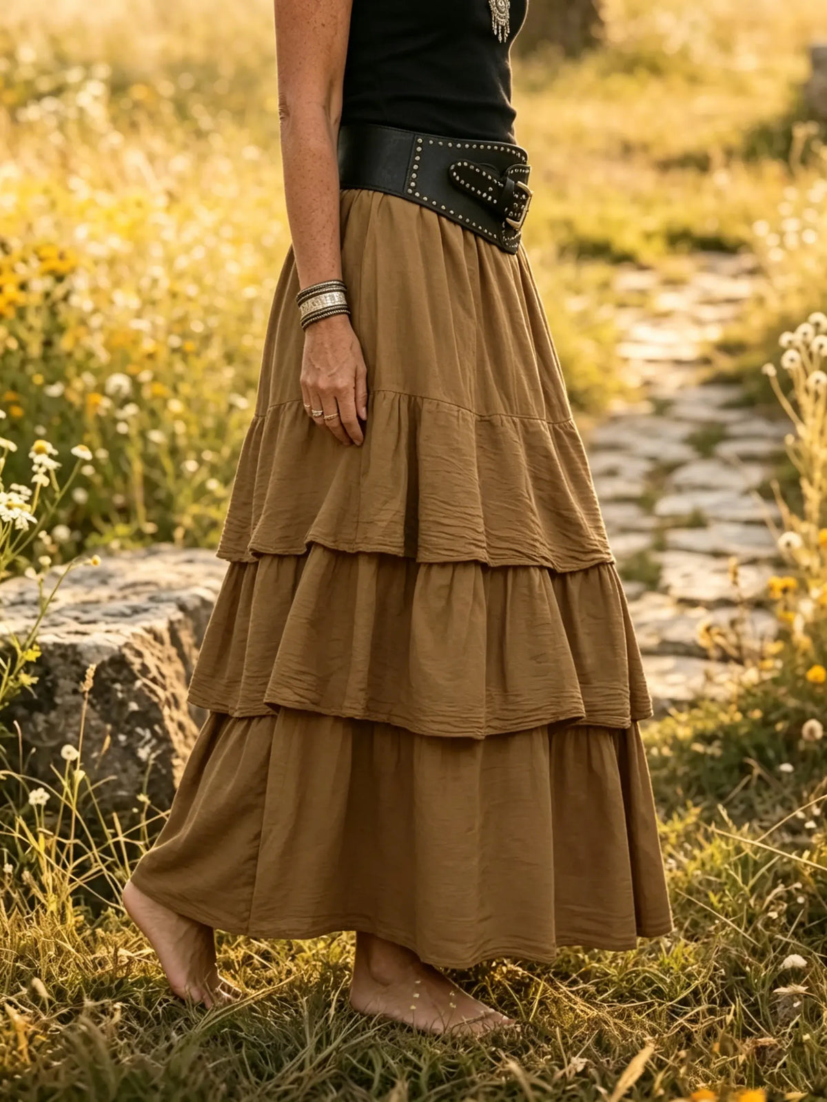 Women's Solid Tiered Crinkled Cotton Maxi Skirt