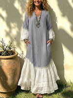 Women's Striped Lace Ruffle Hem Cotton Linen Maxi Dress