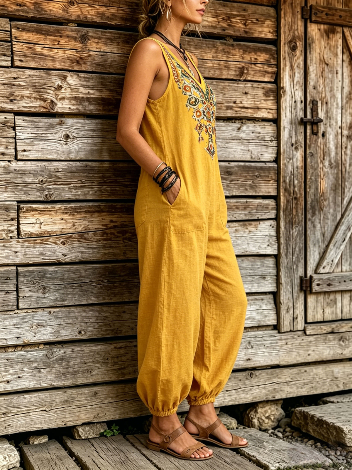 Women's Boho Embroidered Harem Jumpsuit – Sleeveless V-neck Loose Fit Cotton Linen Romper With Pockets