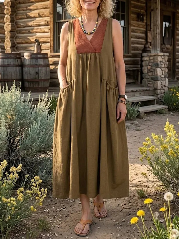 Women's Solid Color Block V Neck Sleeveless Pockets Dress