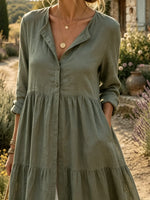 Women's Solid Textured Stand Collar Tiered Ruffle Long Kimono Dress