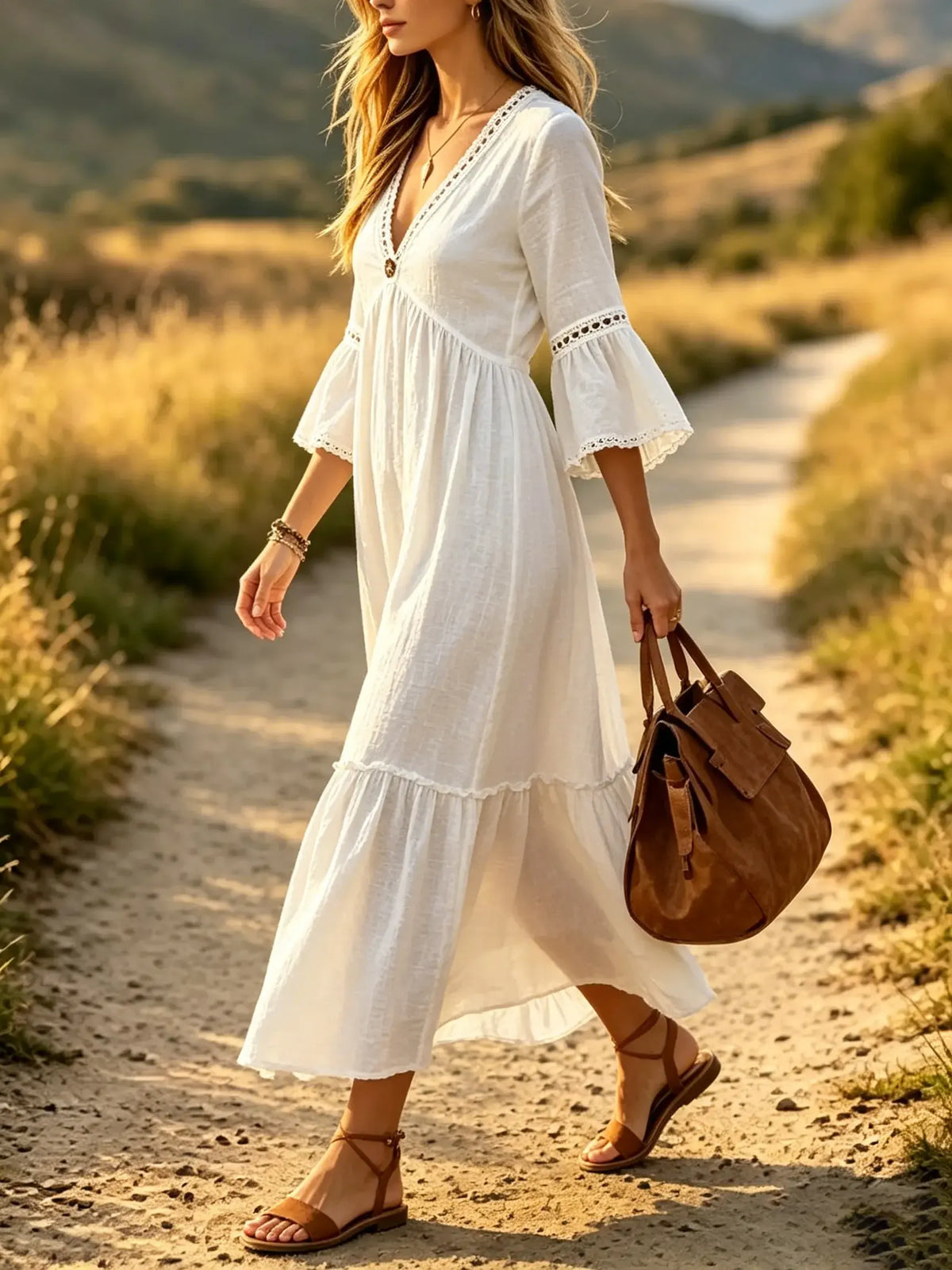 Women Solid Eyelet Lace V Neck Ruffle 3/4 Sleeve Tiered Maxi Dress