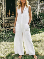 Womens Lapel Sleeveless Button Front Linen Wide Leg Jumpsuit With Pockets
