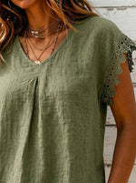 Women’s V Neck Lace Cap Sleeve Pleated Linen Blend Blouse