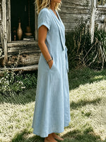 Women’s Casual Cotton Short Sleeve Lapel V-neck Pocket Maxi Dress