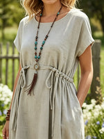 Women's Solid Crew Neck Drawstring Waist Dolman Short Sleeve Pocket Linen Midi Dress