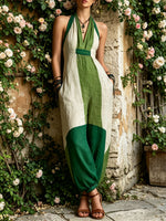 Womens Color Block Halter V Neck Linen Jumpsuit With Pockets