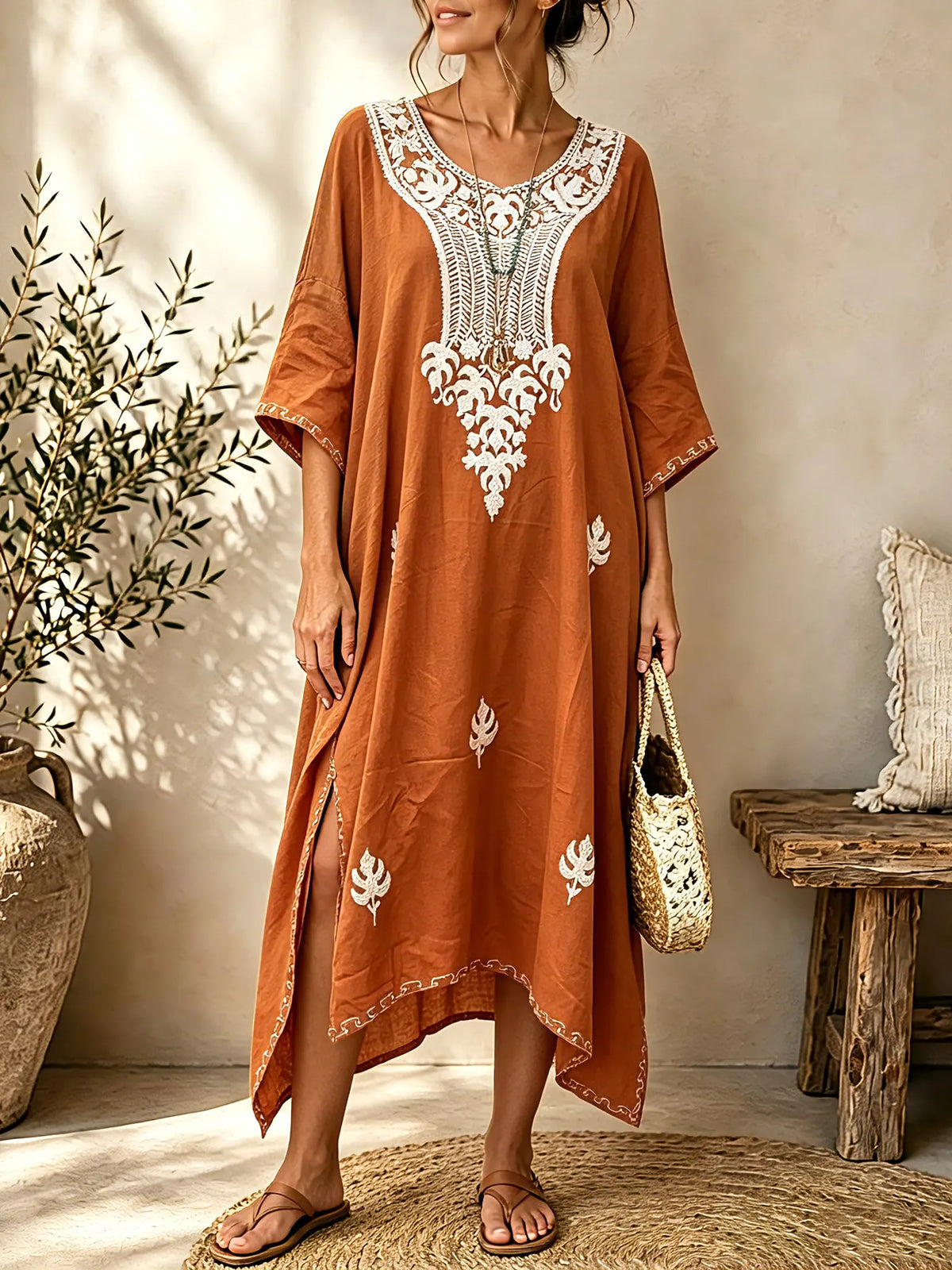 Women Floral Leaf Embroidery 3/4 Sleeve Loose Maxi Dress