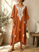 Women Floral Leaf Embroidery 3/4 Sleeve Loose Maxi Dress