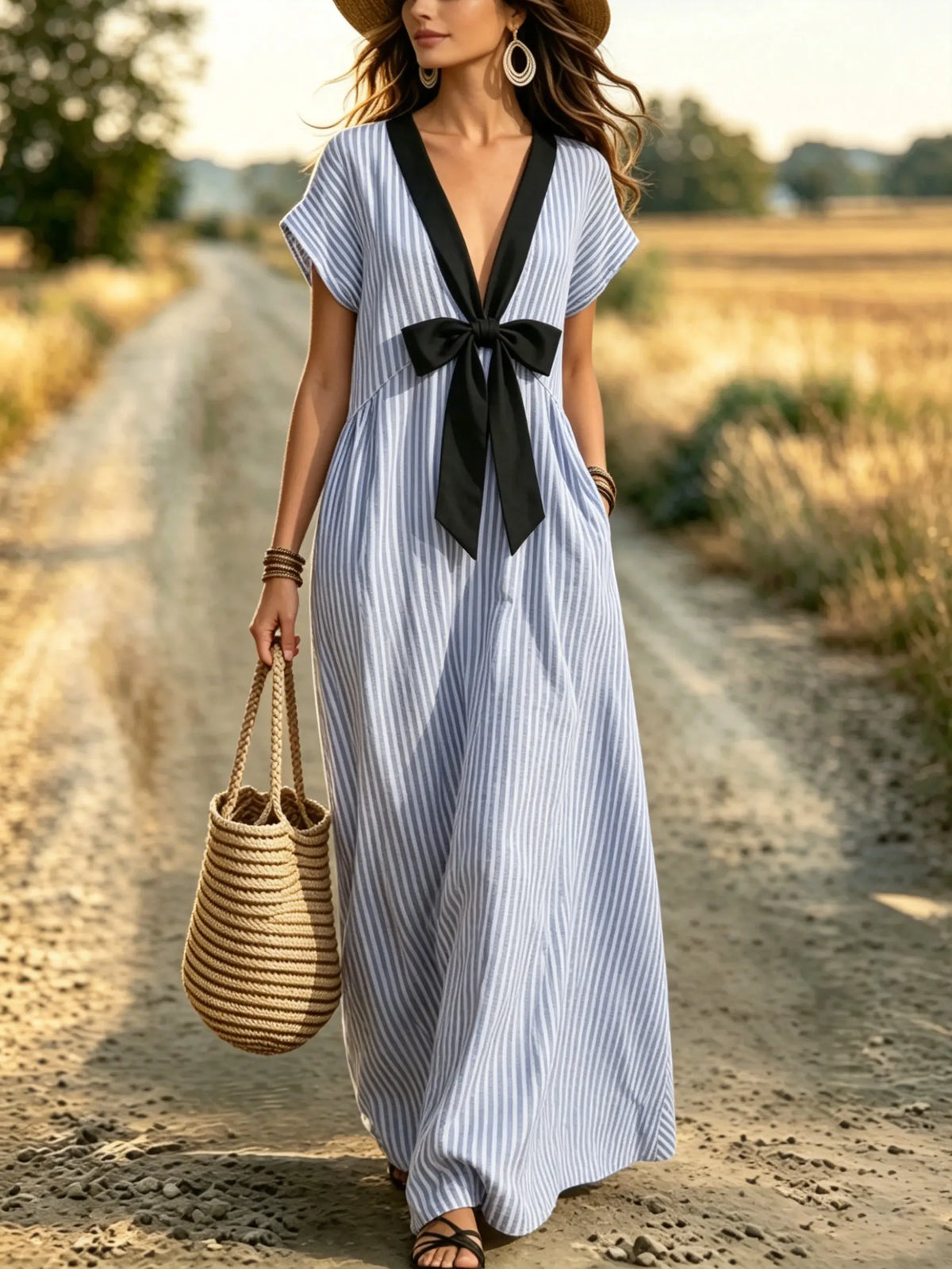 Women's Striped V-Neck Bow Maxi Dress