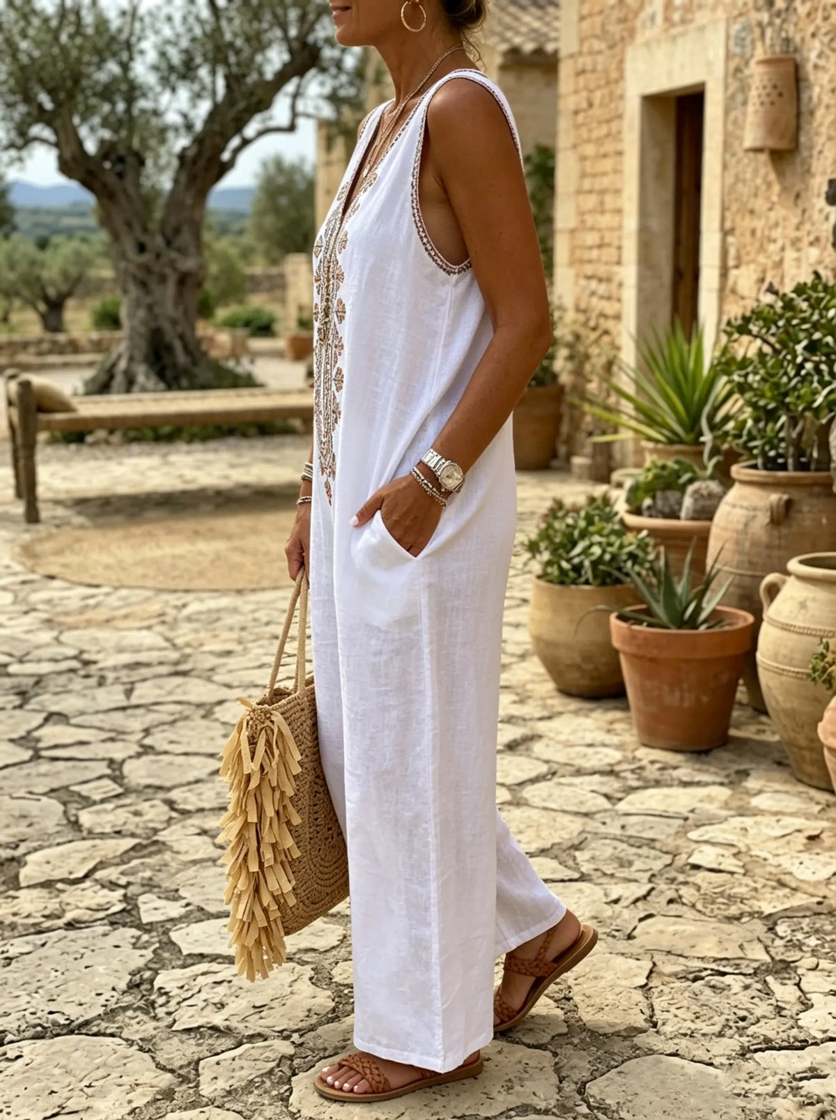 Bohemian Floral Print Sleeveless Wide Leg Linen Jumpsuit
