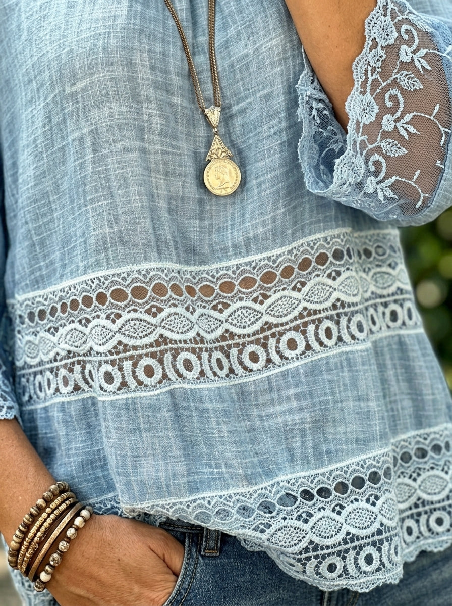 Women’s Round Neck Lace Panel Flare Sleeve Cotton Linen Blouse