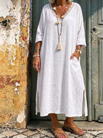 Women’s Lace V-Neck Side Slit Cotton Linen Midi Dress With Pockets