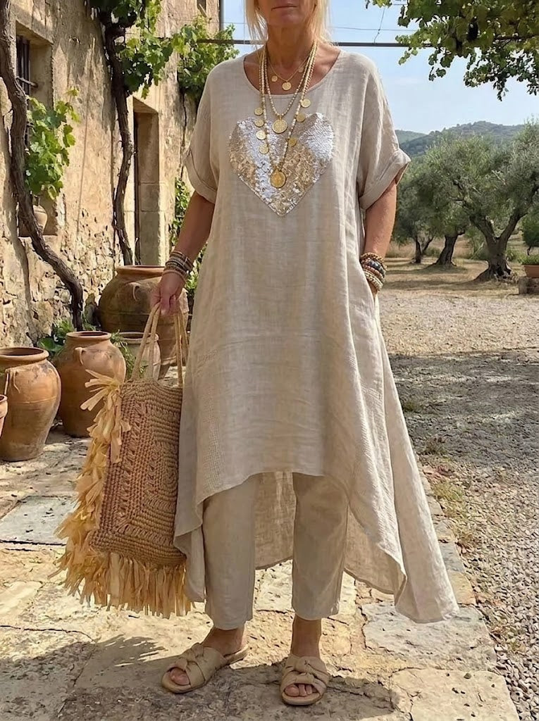Women's Sequin Heart High-Low Linen Tunic