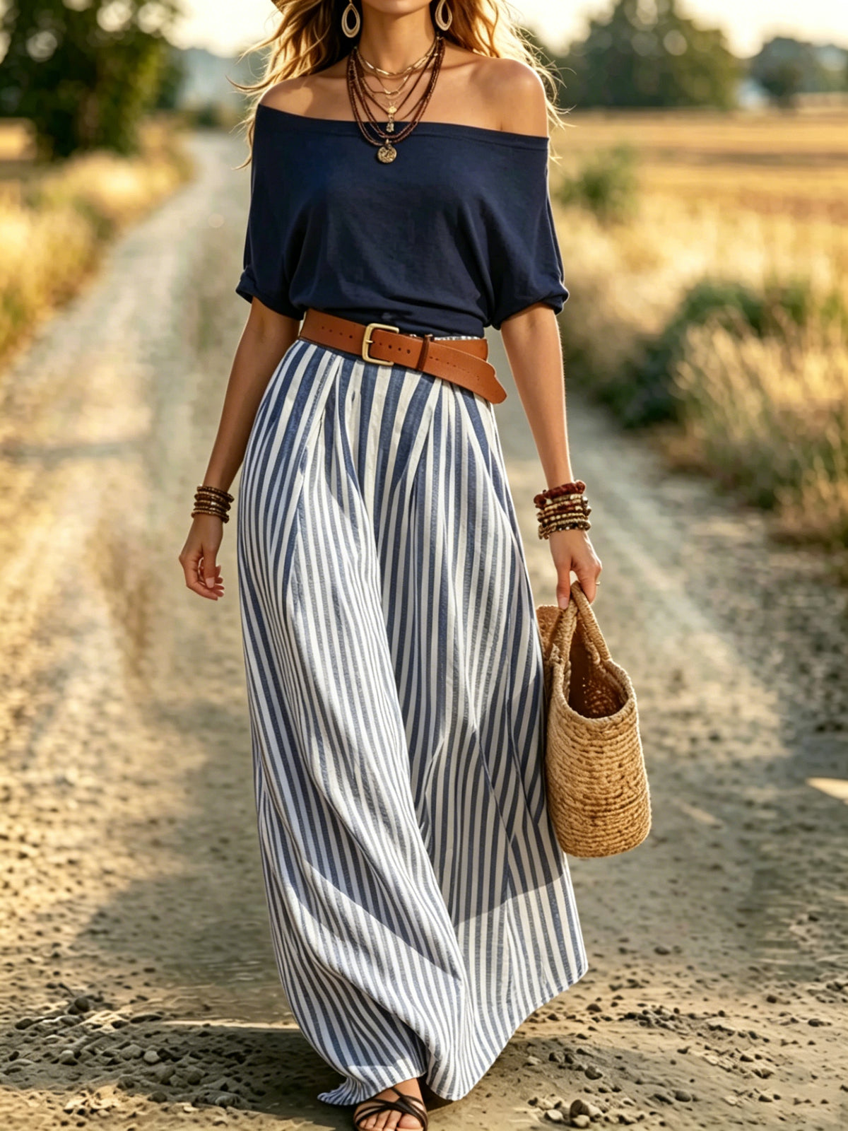 Women's Off-Shoulder Top and Striped Pants Set