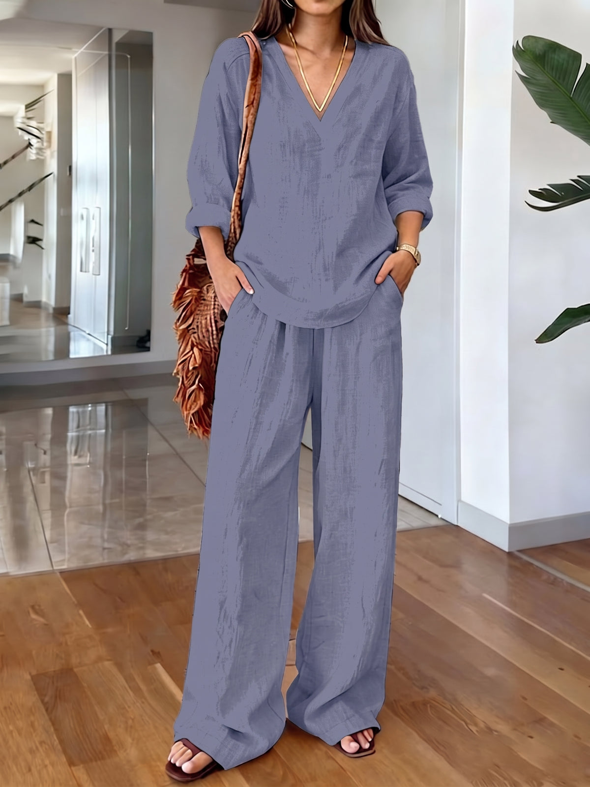 Women's Casual Long-sleeve V-neck Pullover & Pants Set – Washed Cotton (available In Multiple Colors)
