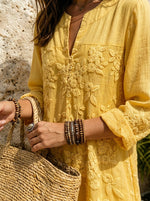Women's Boho Floral Embroidered Linen Midi Shirt Dress With Pocket