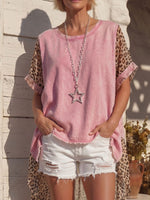 Vintage Art Comfortable Summer Fabrics Leopard Chiffon Patchwork Shirt