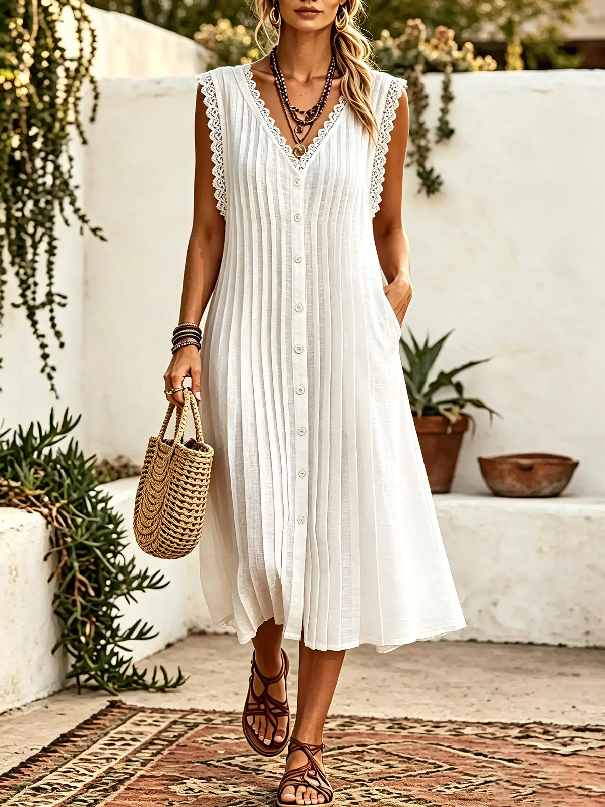 Women Solid Lace V Neck Button Down Pleated Sleeveless Midi Dress