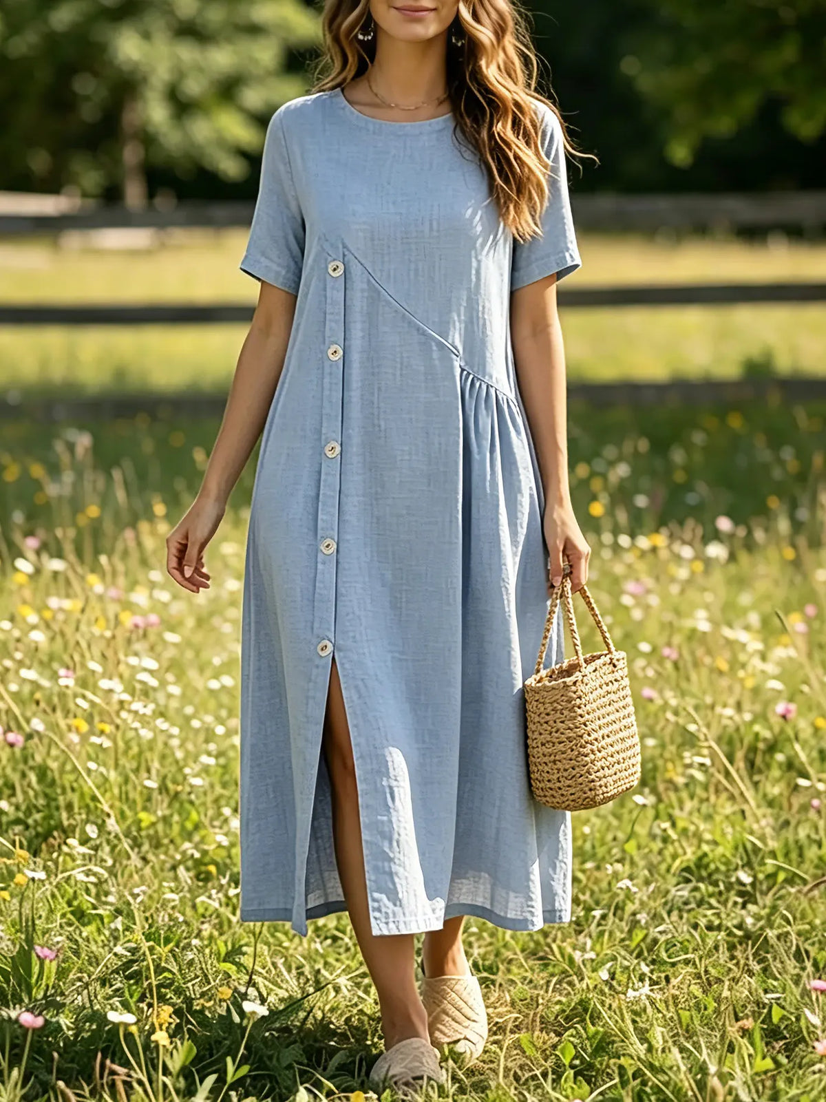 Women's Solid Crew Neck Diagonal Button Slit Short Sleeve Linen Midi Dress