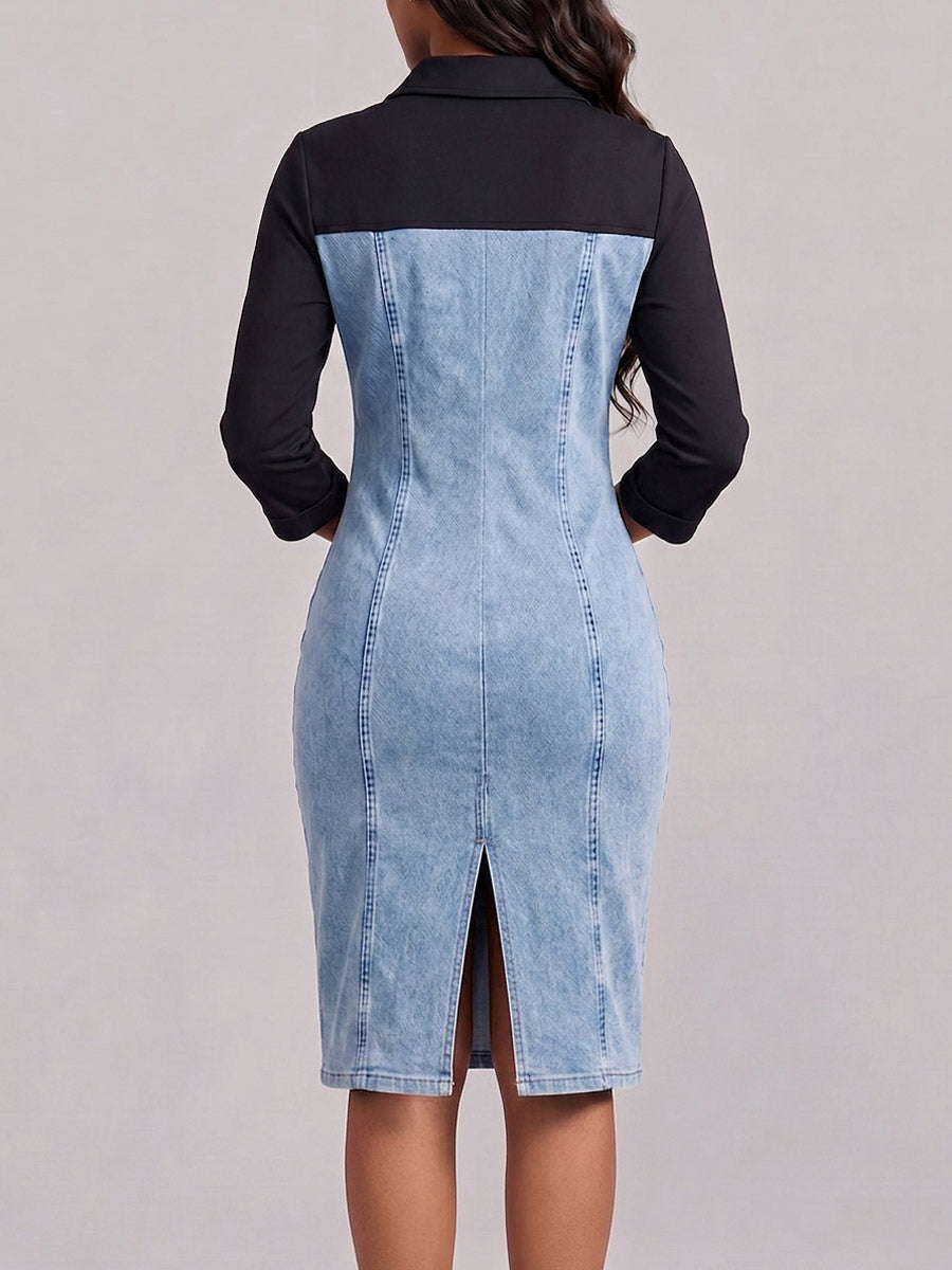 Women's Casual Loose-fit Cotton-linen Denim Dress With Shirt Collar, 3/4 Sleeves, And Color-block Paneling