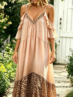 Women Blush Leopard Print Patchwork Cold Shoulder Cami Maxi Dress