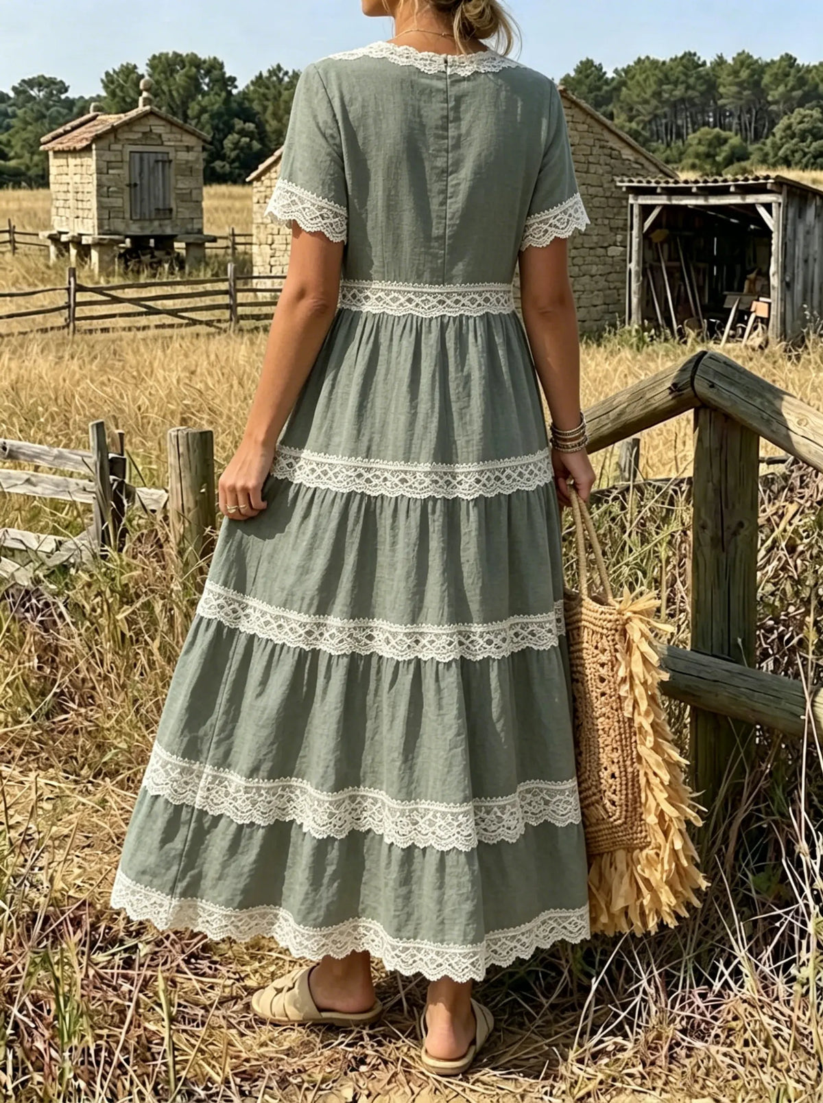 Women's Olive Green Lace Tiered Maxi Dress