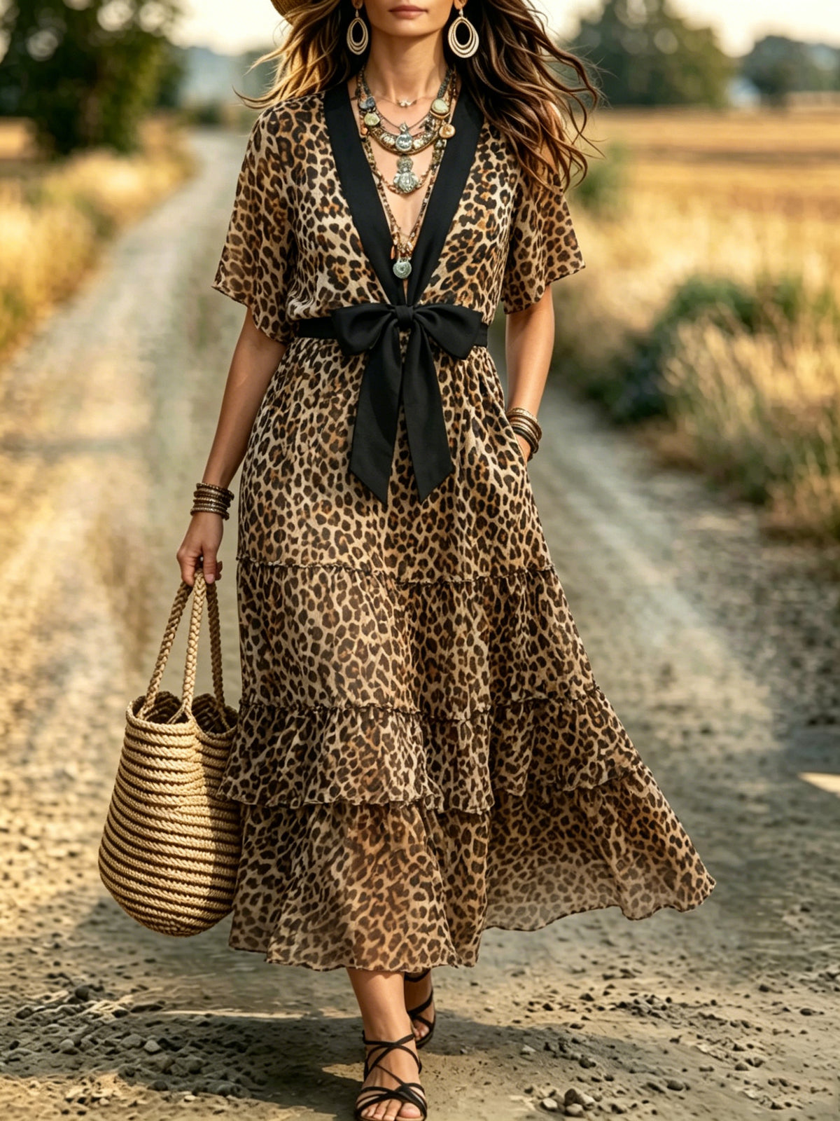 Women's Leopard Print Bow Tie Layered Dress