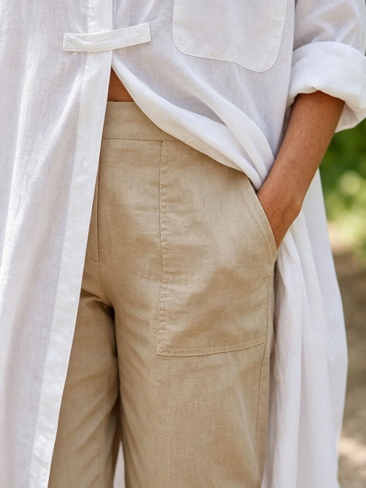 Womens White Stand Collar Long Linen Shirt, Roll Sleeve Pocket Oversized Tunic Blouse