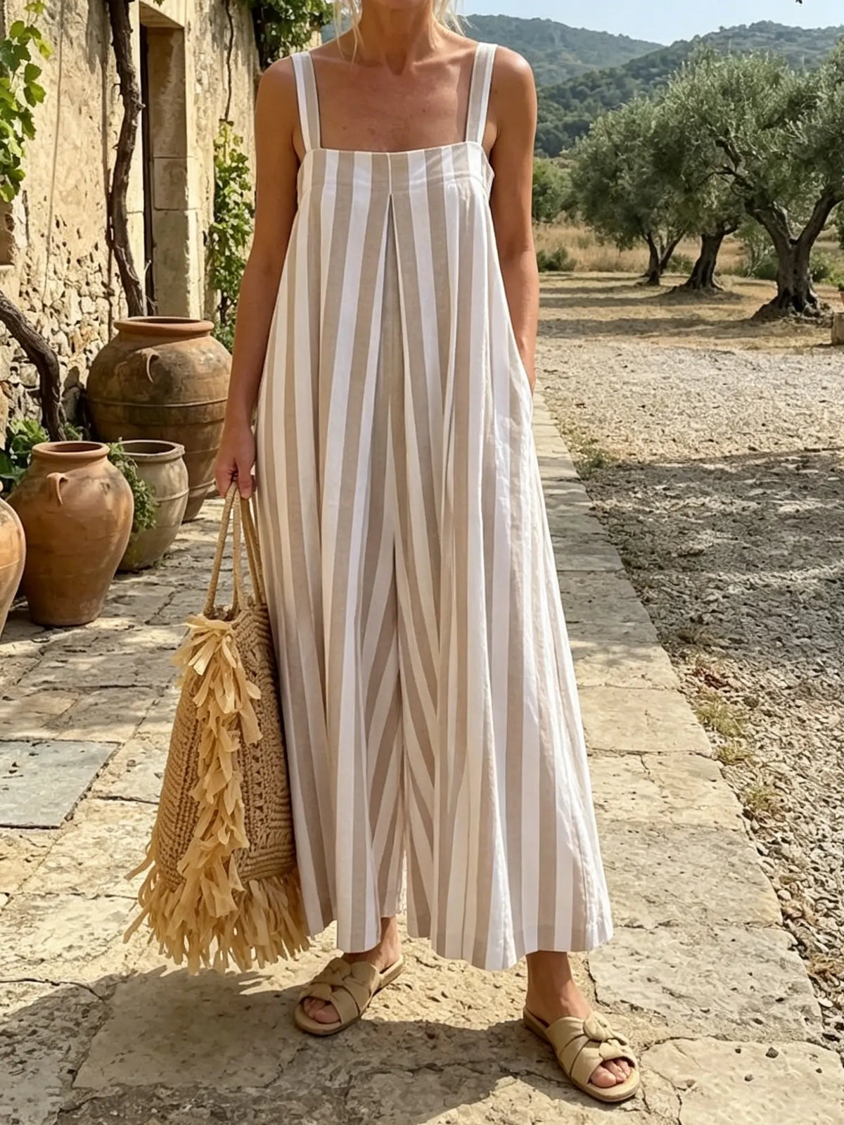 Mediterranean Breeze Striped Wide-Leg Jumpsuit