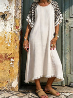 Women’s Leopard Print Raglan Fringe Sleeve Cotton Linen Midi Dress