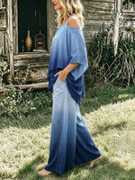 Womens Gradient Blue Cold Shoulder 2 Piece Linen Outfit Top & Wide Leg Pants Set