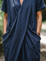 Women Vintage Loose Textured Linen Wrap Long Dress Short Sleeve Pocket Casual Dress