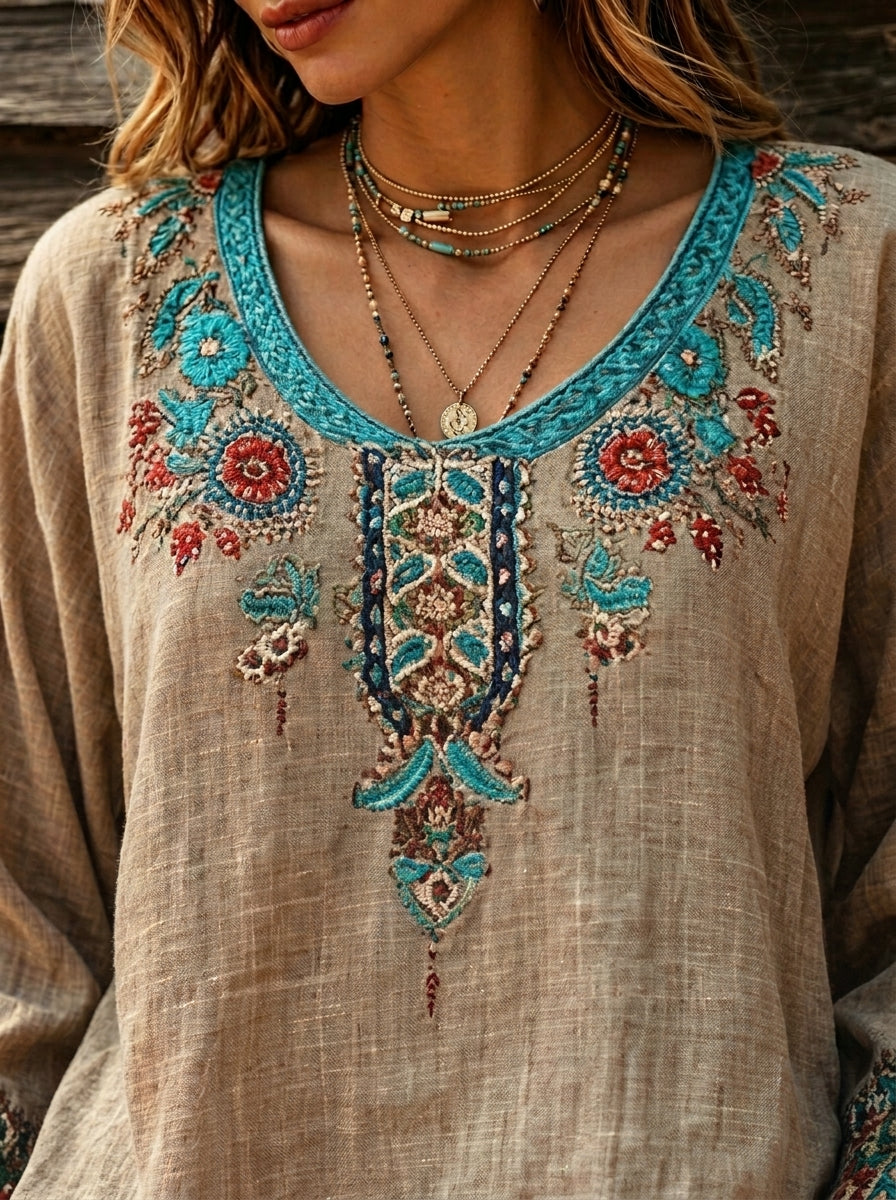 Women’sEthnic Floral Embroidery V Neck Long Sleeve Linen Blend Boho Blouse