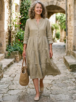 Women's Solid Mandarin Collar Half Placket 3/4 Sleeve Tiered Linen Midi Dress
