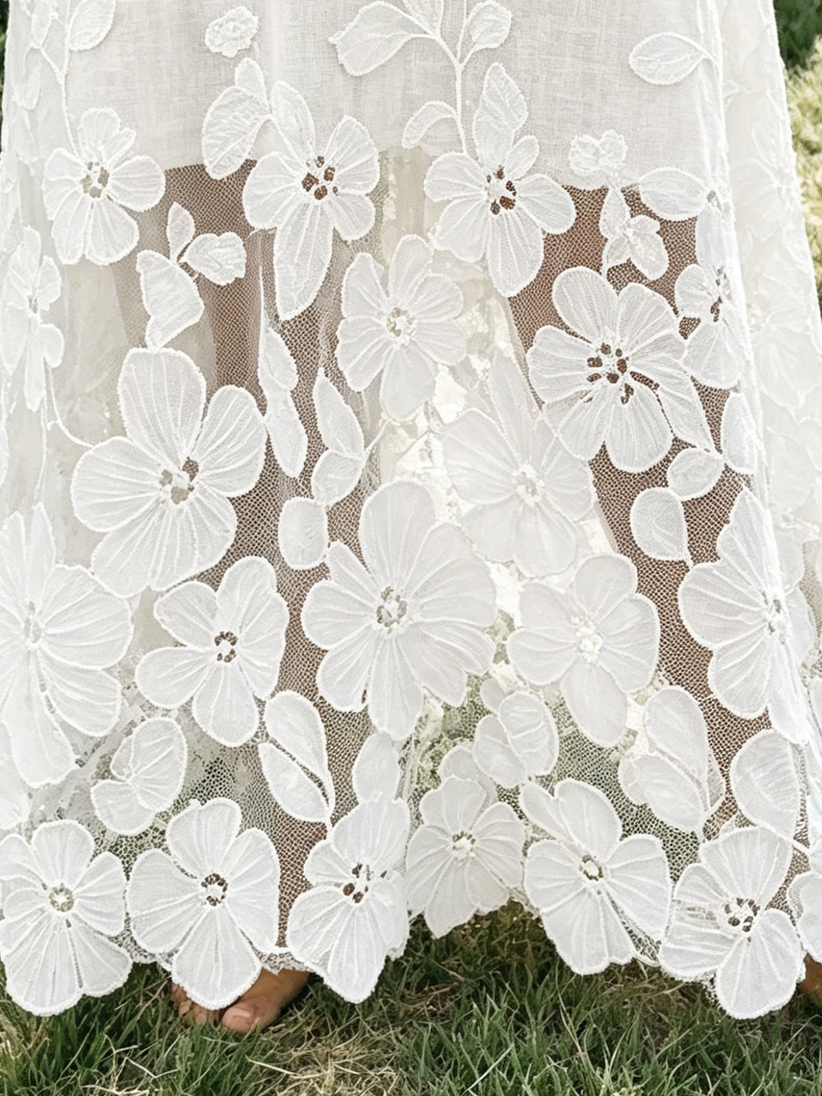 Women's White V Neck Floral Lace Patchwork Linen Midi Dress, Short Sleeve Loose Casual Dress with Pockets