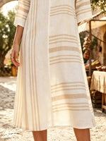 Women Asymmetric Vertical Horizontal Stripe 3/4 Sleeve Shift Dress