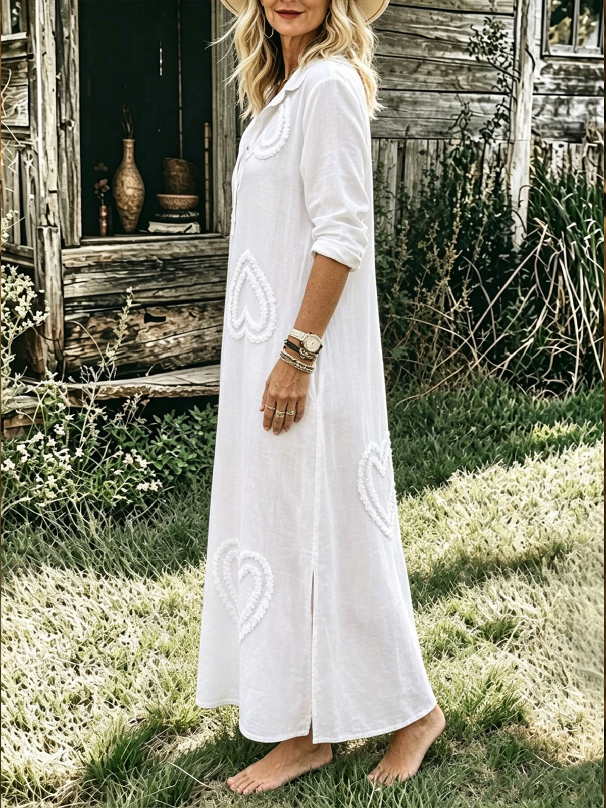 Women's Boho Heart Appliqué Linen Blend Maxi Dress – Relaxed Fit Long Sleeve Country Style Dress With Pockets