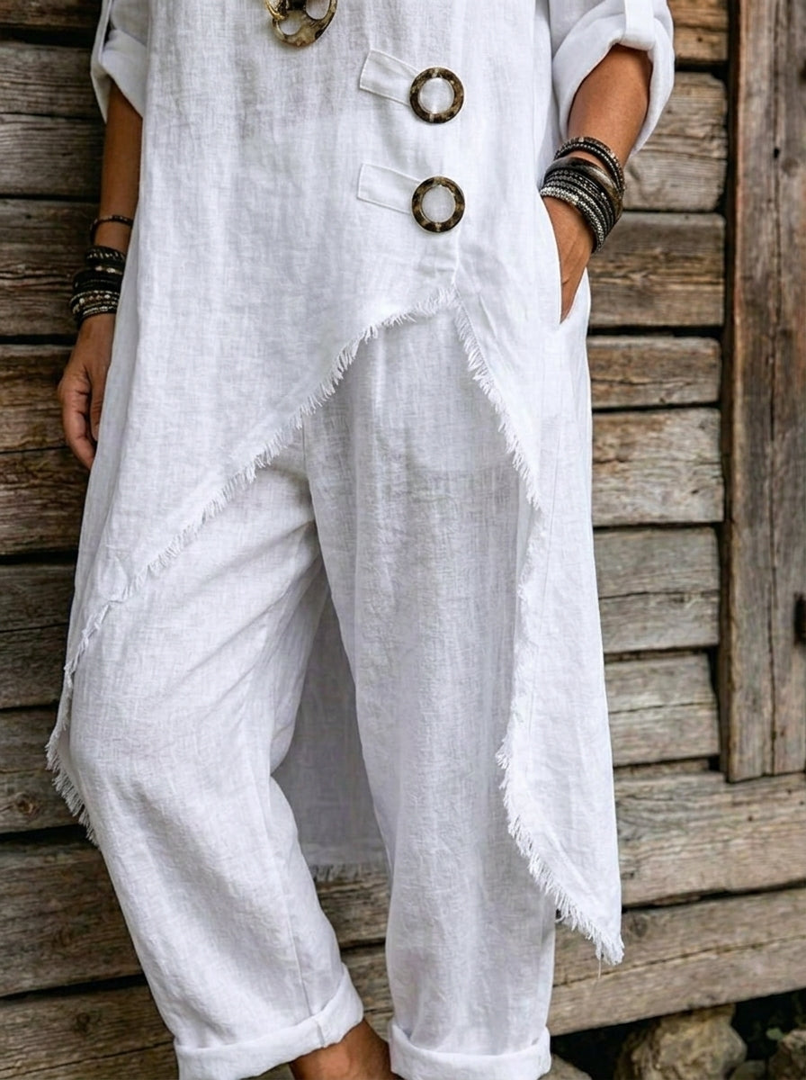 Womens Cotton Linen Irregular Fringe Tunic & Loose Pants 2 Piece Set