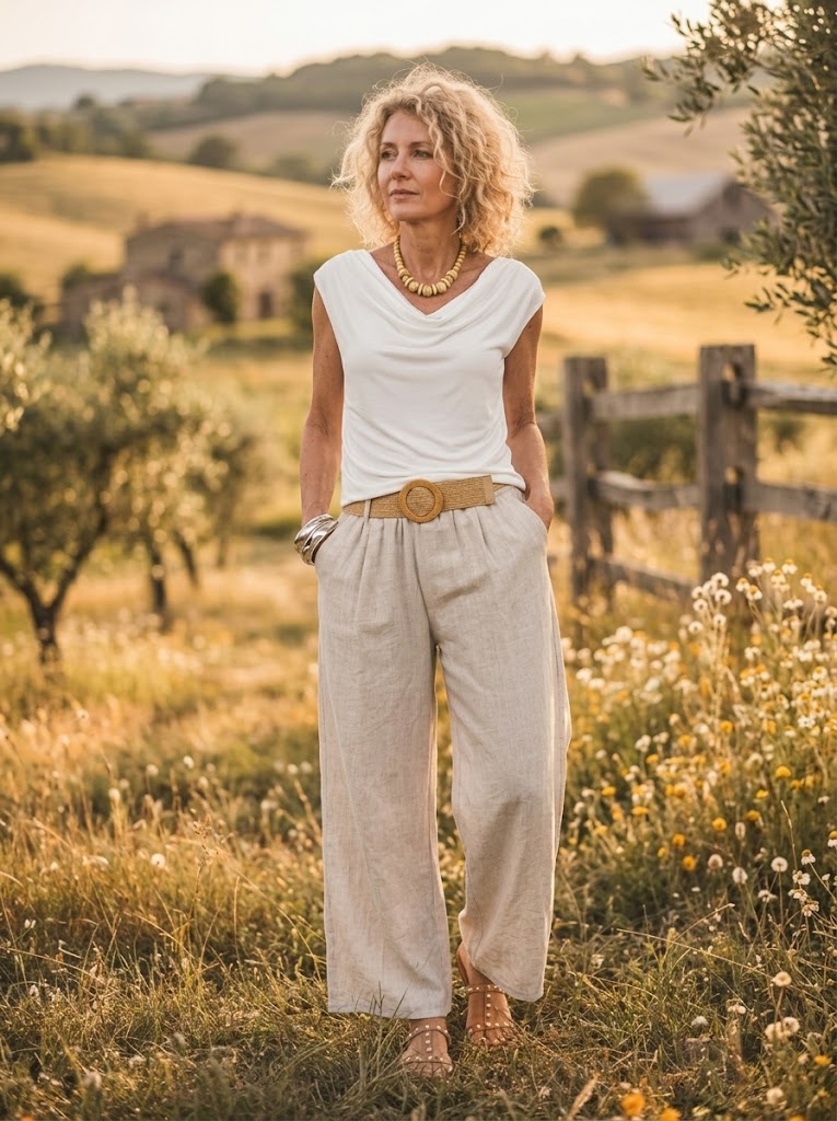 Women's Solid Linen-Blend Elastic Waist Wide Leg Trousers