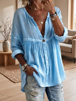 Women's Casual Loose Solid-color Long-sleeve Button-front Pullover Shirt