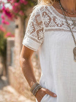 Women’s Lace Yoke Short Sleeve Cotton Linen Shift Dress With Pockets