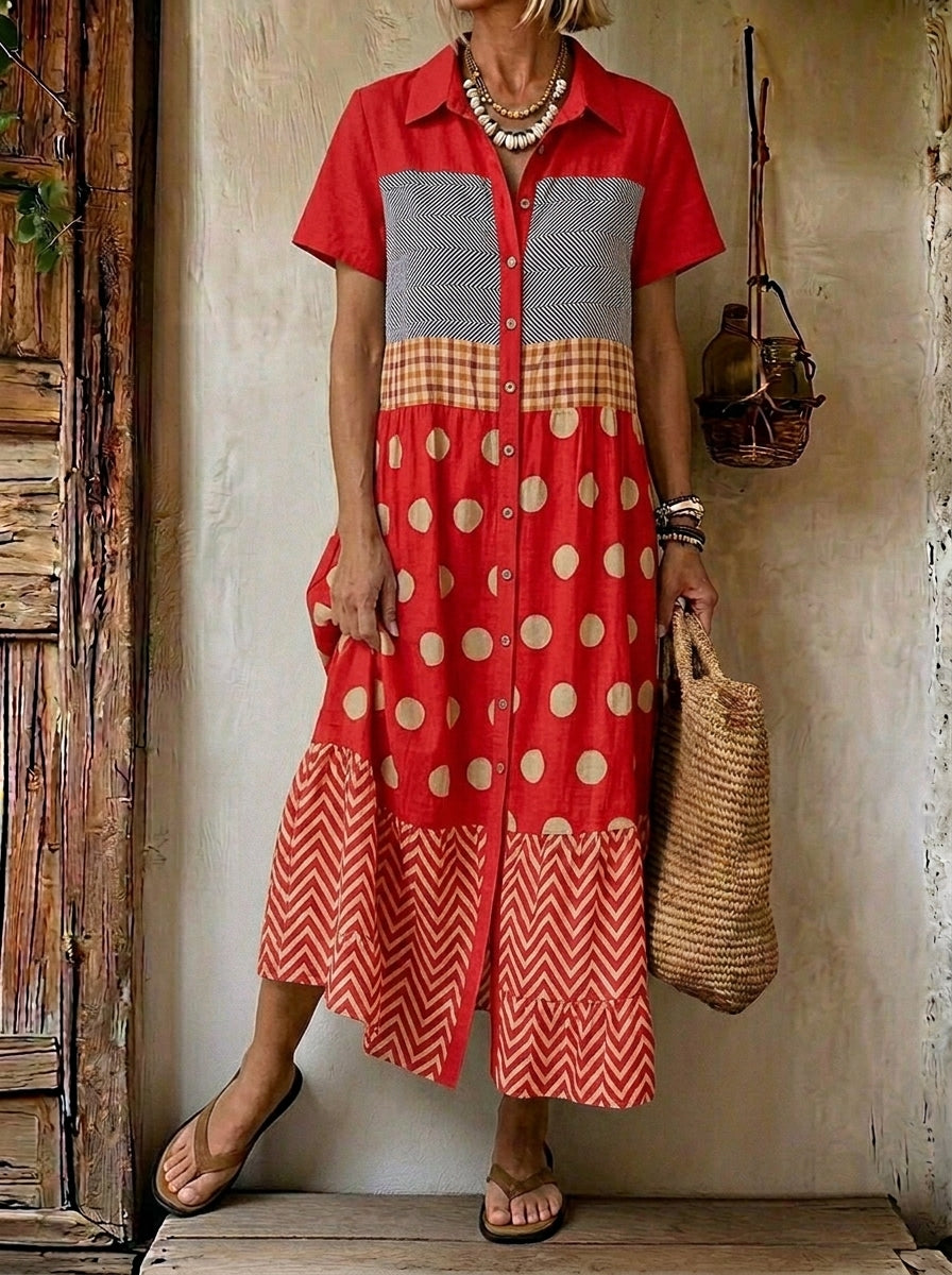Women's Cute Vintage Patchwork Print Button Front Shirt Midi Dress