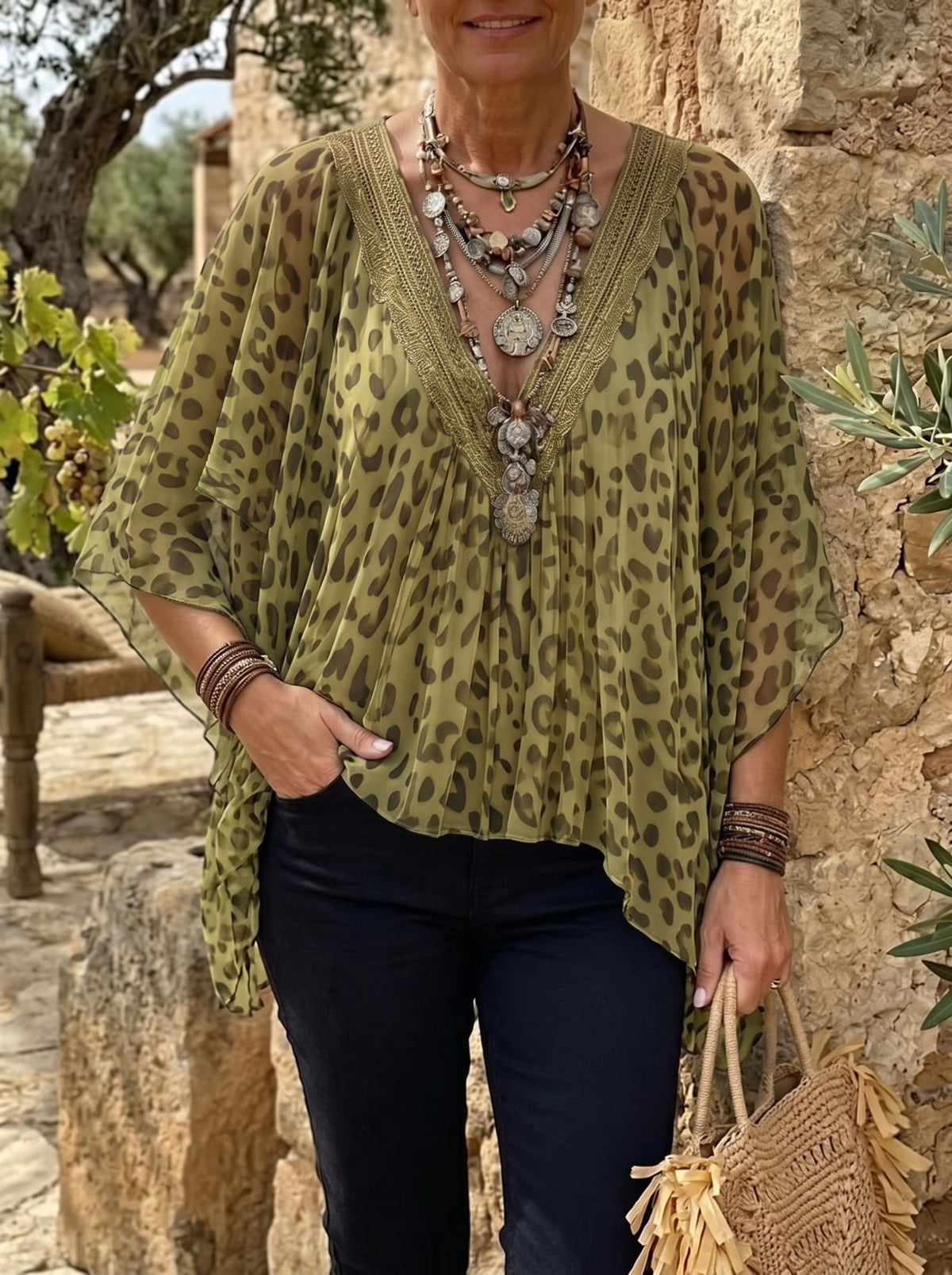 Women's V-Neck Leopard Chiffon Blouse