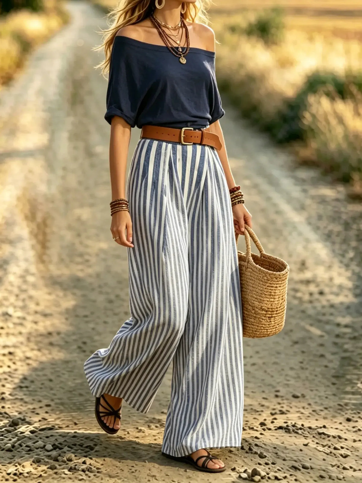Women's Off-Shoulder Top and Striped Pants Set