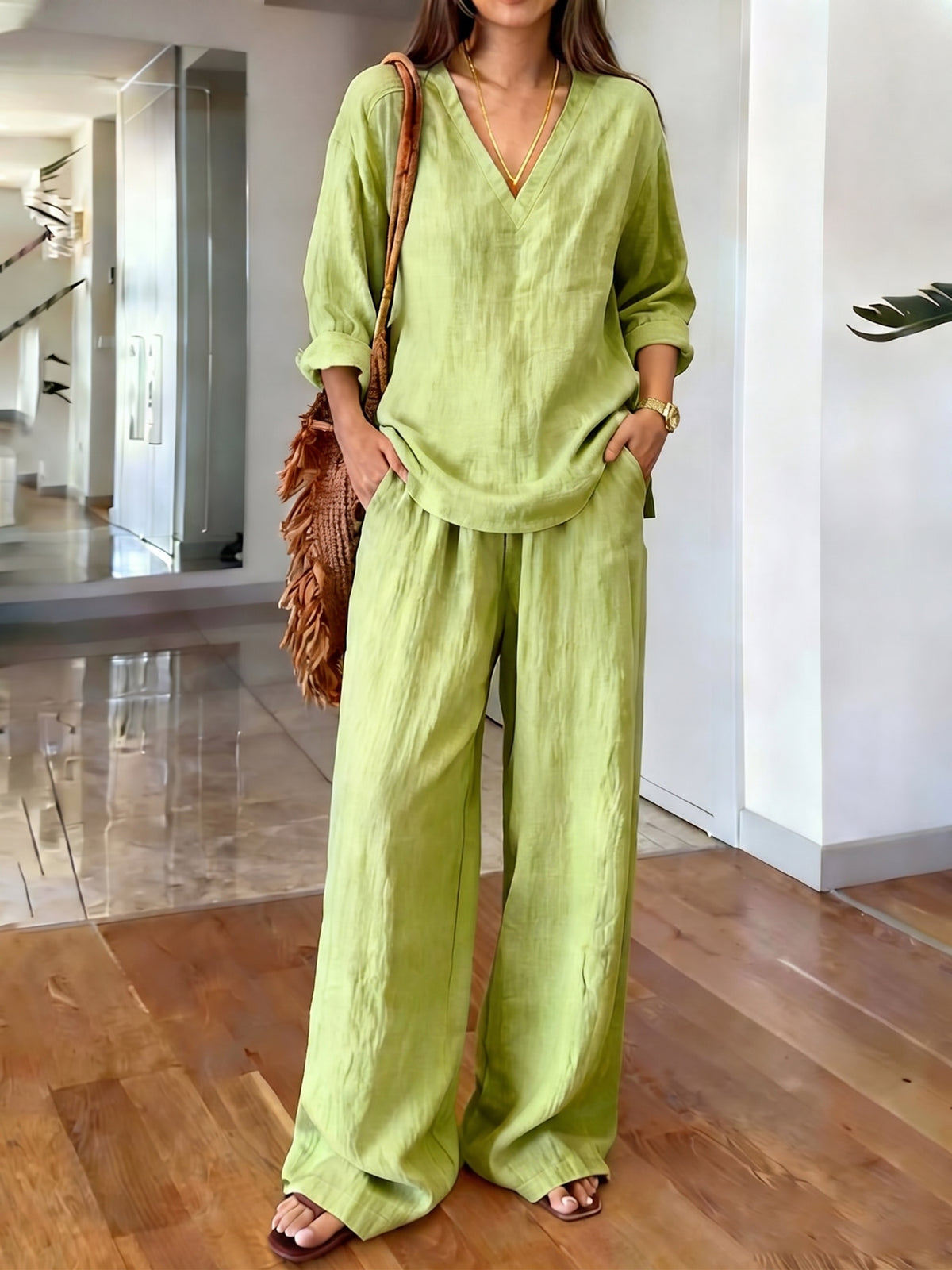 Women's Casual Long-sleeve V-neck Pullover & Pants Set – Washed Cotton (available In Multiple Colors)