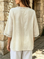 Women Solid Cutout Lace Patch V-Neck 3/4 Sleeve Blouse